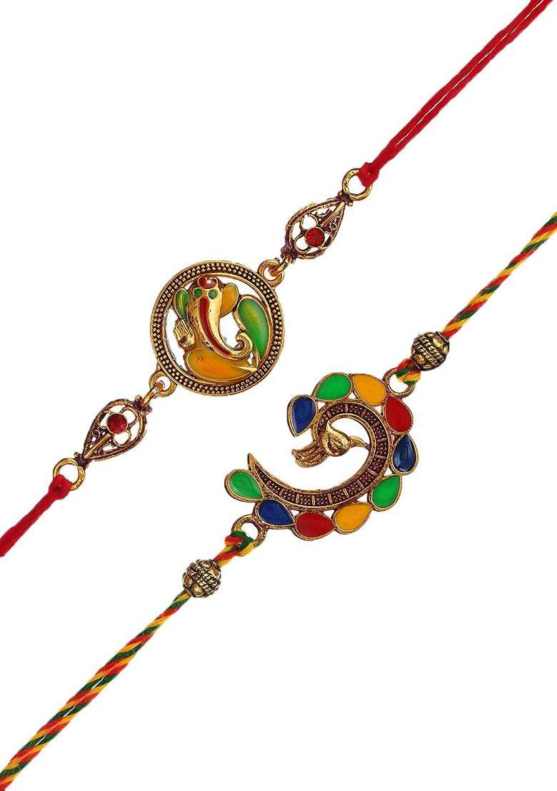 Set Of 2 Lord Ganesha Peacock Designer Thread Rakhis With Roli Chawal - Indya