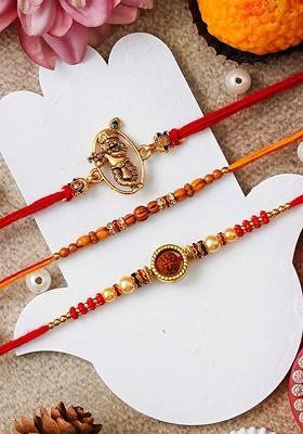 Set Of 3 Lord Krishna Beaded Thread Rakhis With Roli Chawal