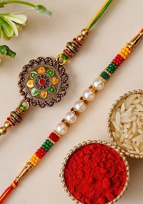 Set Of 2 Floral Design Thread Rakhis With Roli Chawal