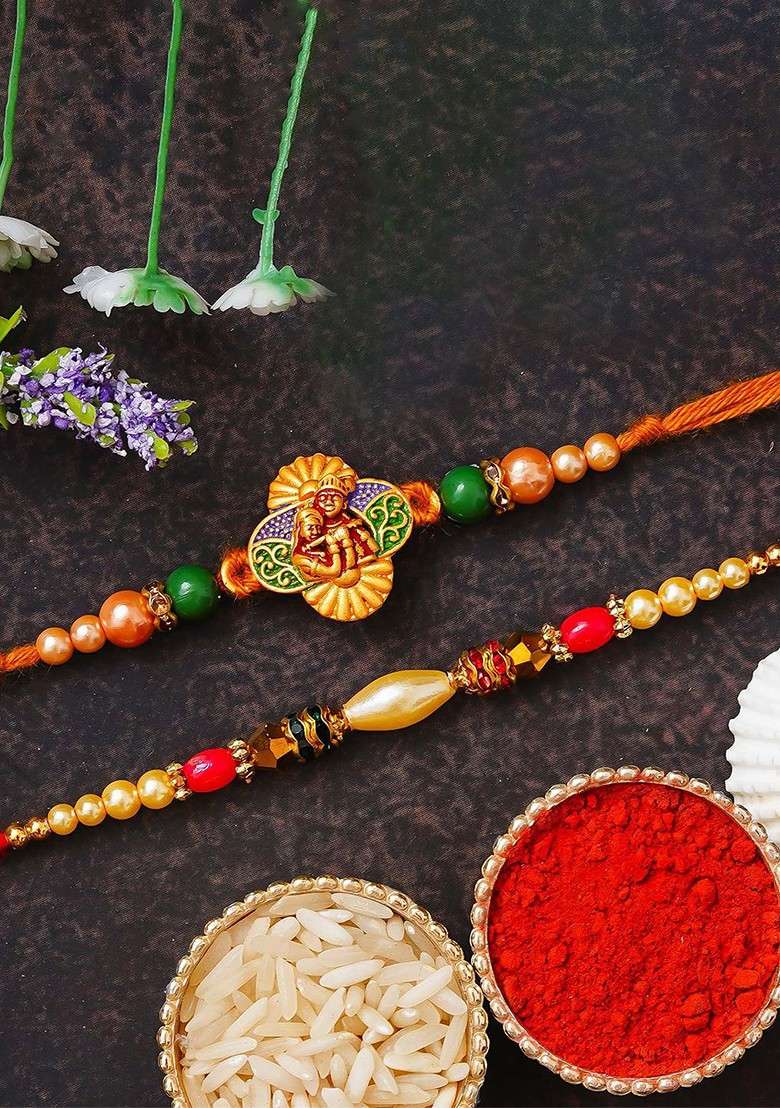 Set Of 2 Lord Radha Krishna Design Thread Rakhis With Roli Chawal - Indya