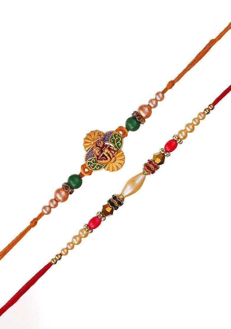 Set Of 2 Lord Radha Krishna Design Thread Rakhis With Roli Chawal - Indya