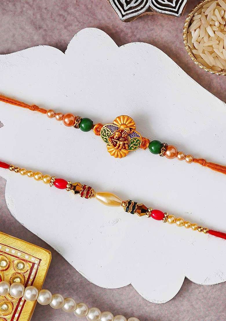 Set Of 2 Lord Radha Krishna Design Thread Rakhis With Roli Chawal - Indya