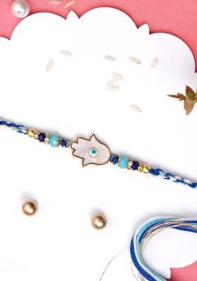 Evil Eye Beaded Hamsa Rakhi With Roli Chawal And Greeting Card