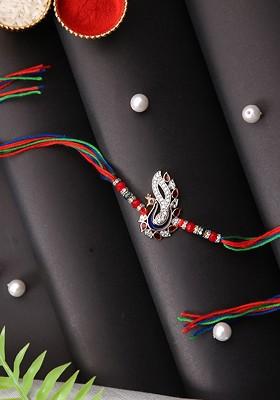 Stone Studded Peacock Multistrand Rakhi With Roli Chawal And Greetings Card