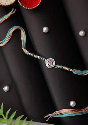 Stone Studded Multistrand Rakhi With Roli Chawal And Greetings Card