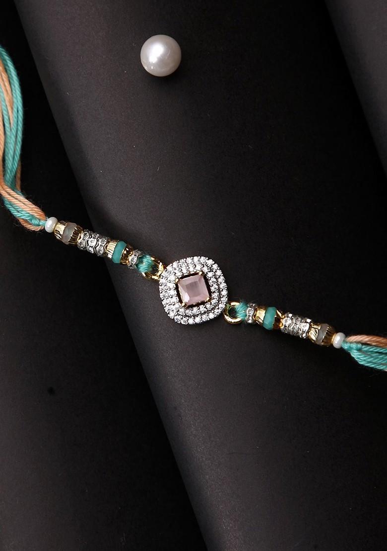 Stone Studded Multistrand Rakhi With Roli Chawal And Greetings Card