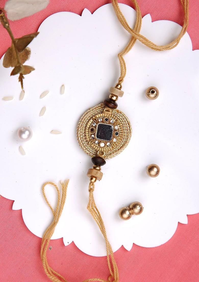 Stone Studded And Beaded Rakhi With Roli Chawal And Greeting Card