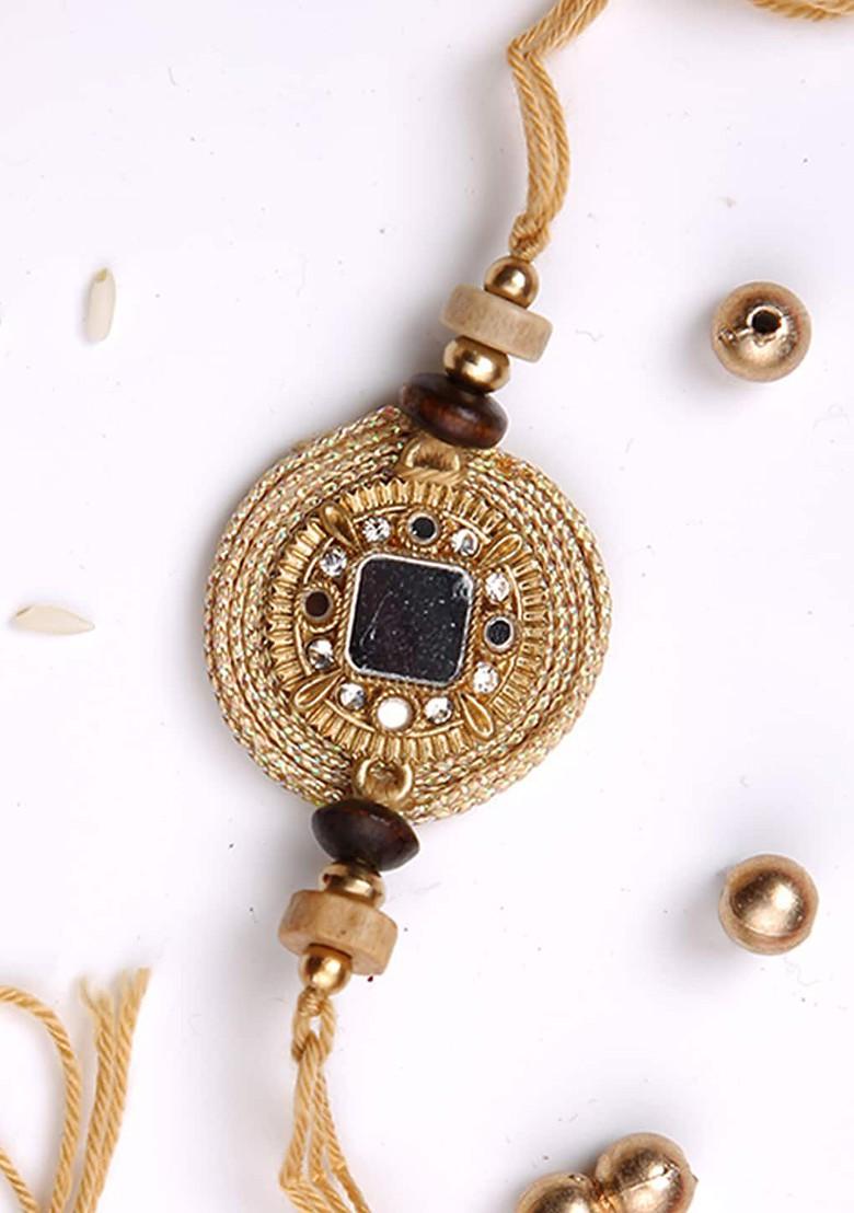 Stone Studded And Beaded Rakhi With Roli Chawal And Greeting Card