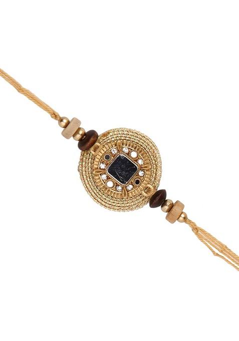 Stone Studded And Beaded Rakhi With Roli Chawal And Greeting Card