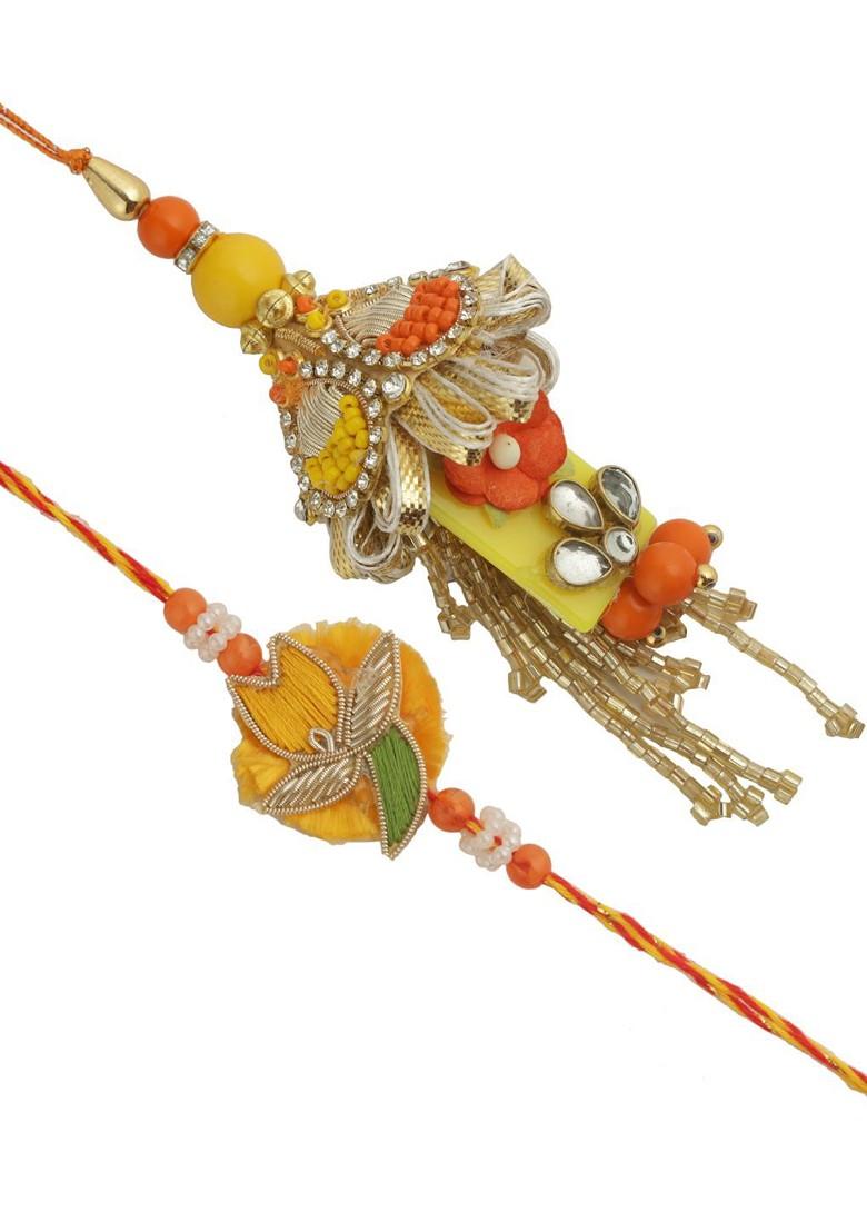 Beads And Stone Work Bhaiya Bhabhi Rakhi With Roli Chawal And Greetings Card