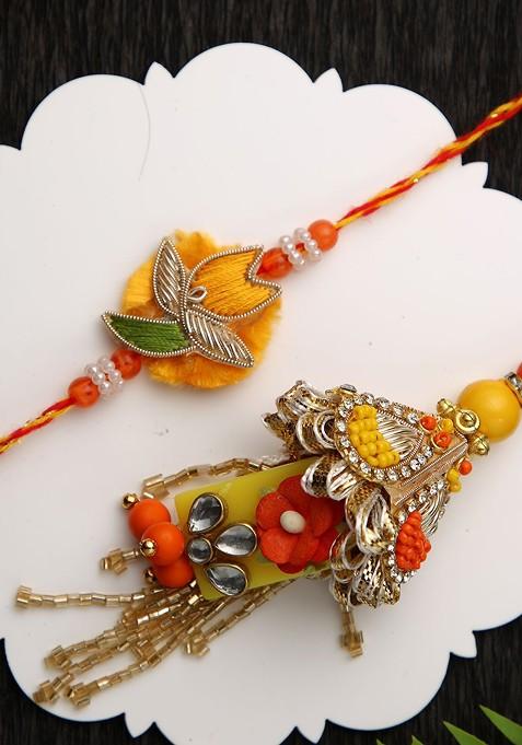 Beads And Stone Work Bhaiya Bhabhi Rakhi With Roli Chawal And Greetings Card