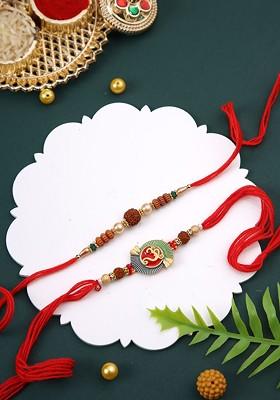 Set Of 2 Rudraksh And Om Beaded Rakhi With Roli Chawal And Greetings Card