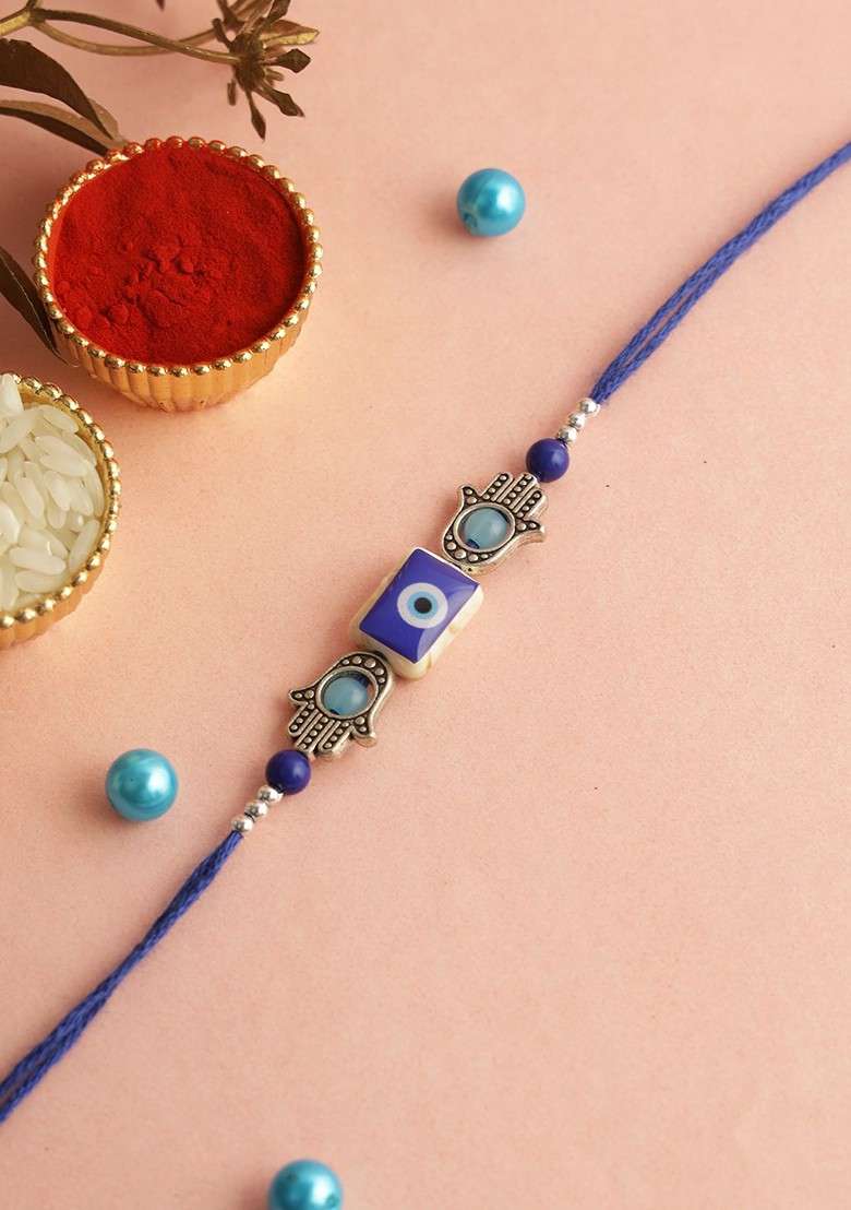 Evil Eye Beaded Rakhi With Roli Chawal And Greeting Card - Indya