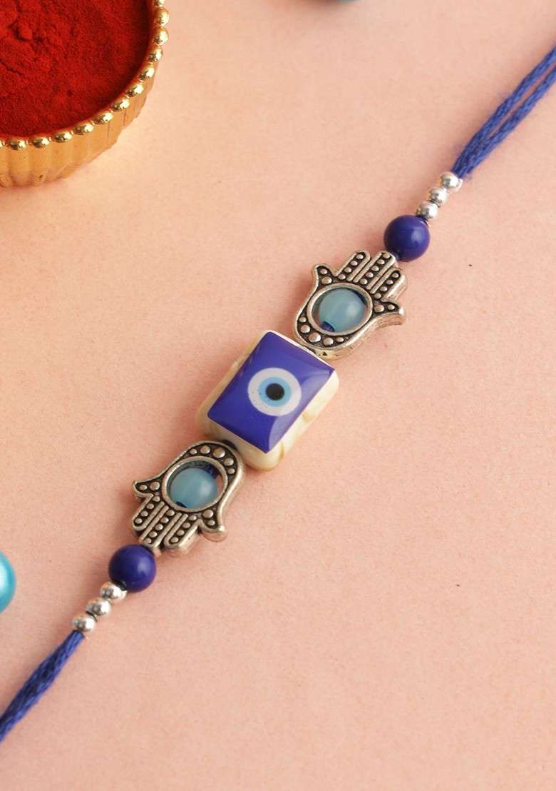 Evil Eye Beaded Rakhi With Roli Chawal And Greeting Card - Indya