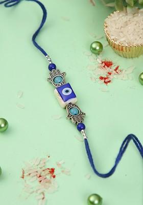 Evil Eye Hamsa Hand Rakhi With Roli Chawal And Greeting Card