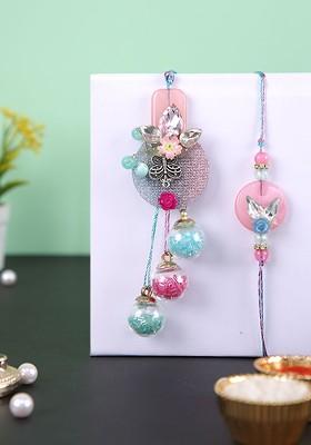 Floral Beaded Bhaiya Bhabhi Rakhi With Rholi Chawal And Greeting Card