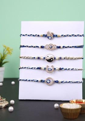 Set Of 5 Evil Eye Beaded Rakhis With Roli Chawal And Greeting Card