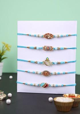 Set Of 5 Stone Studded And Beaded Rakhis With Rholi Chawal And Greeting Card