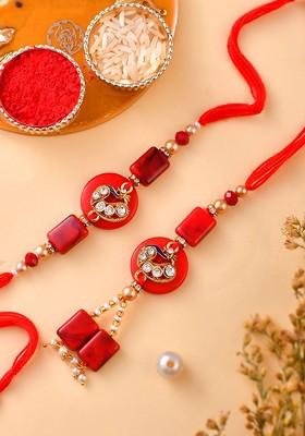Set Of 2 Stone Studded And Beaded Rakhis With Roli Chawal And Greeting Card