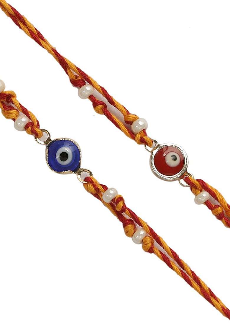 Set Of 2 Evil Eye Rakhis With Rholi Chawal And Greeting Card - Indya