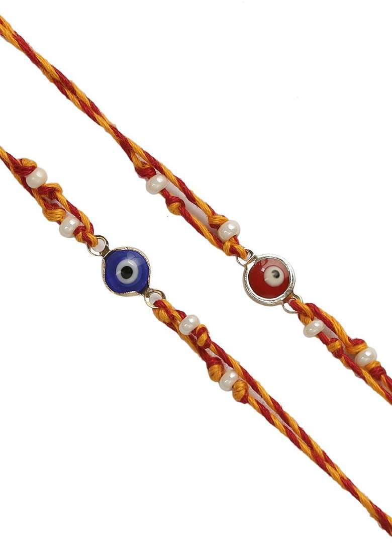 Set Of 2 Evil Eye Rakhis With Rholi Chawal And Greeting Card - Indya