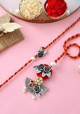 Floral Designed Bhaiya Bhabhi Rakhi With Roli Chawal And Greeting Card
