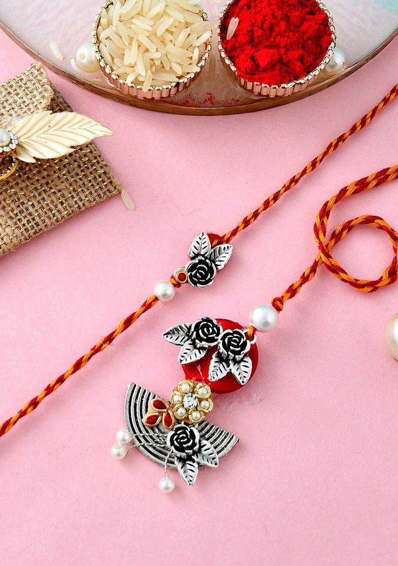 Floral Designed Bhaiya Bhabhi Rakhi With Roli Chawal And Greeting Card