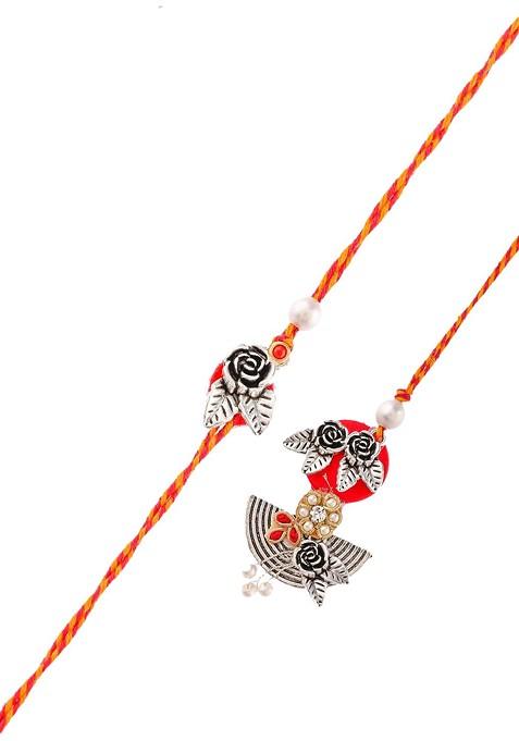 Floral Designed Bhaiya Bhabhi Rakhi With Roli Chawal And Greeting Card