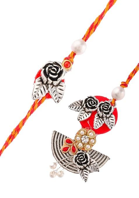 Floral Designed Bhaiya Bhabhi Rakhi With Roli Chawal And Greeting Card