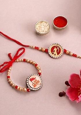Set Of 2 Gold Plated Beads And Stone Studded Rakhis With Roli Chawal