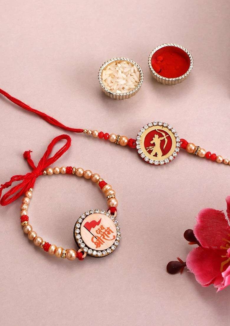 Set Of 2 Gold Plated Beads And Stone Studded Rakhis With Roli Chawal - Indya