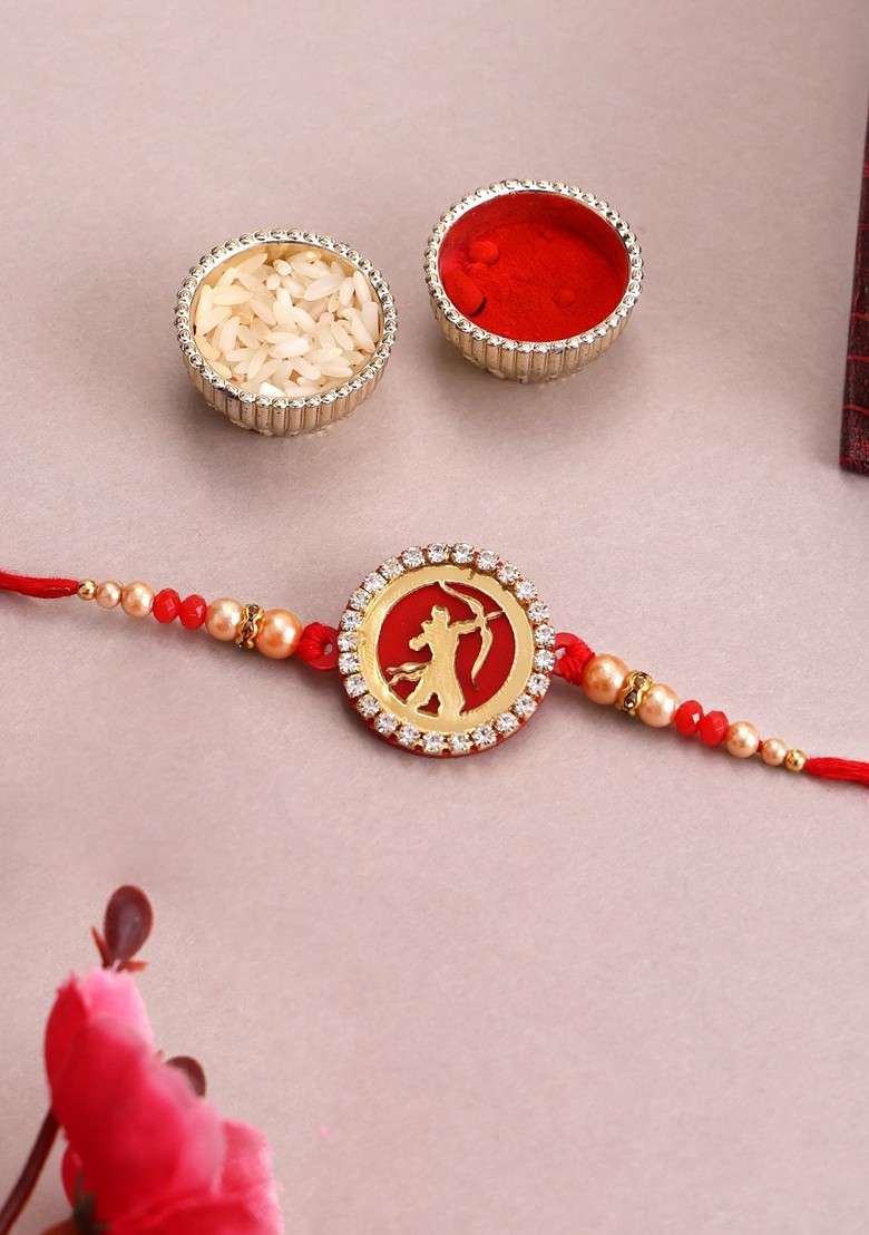 Set Of 2 Gold Plated Beads And Stone Studded Rakhis With Roli Chawal - Indya