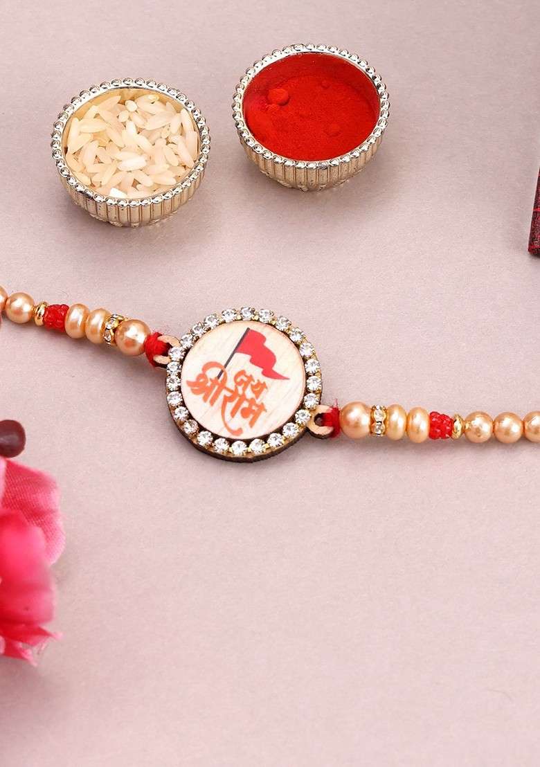Set Of 2 Gold Plated Beads And Stone Studded Rakhis With Roli Chawal - Indya