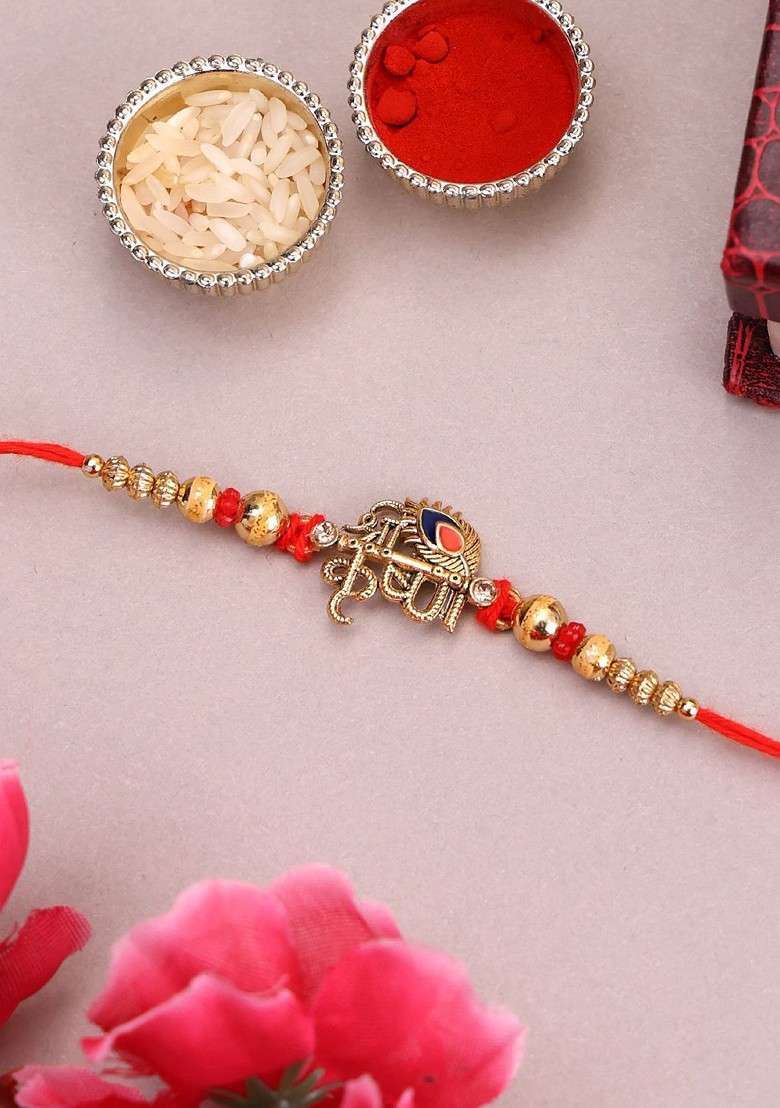 Gold Plated Name Of Krishna Shaped Stone Studded Rakhi With Roli Chawal - Indya