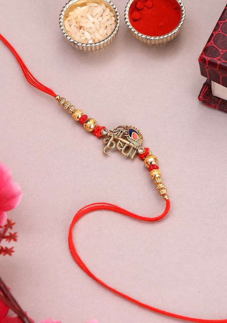 Gold Plated Name Of Krishna Shaped Stone Studded Rakhi With Roli Chawal - Indya
