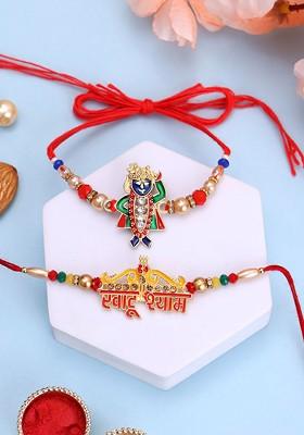 Set Of 2 Gold Plated Beads And Stone Studded Rakhis With Roli Chawal