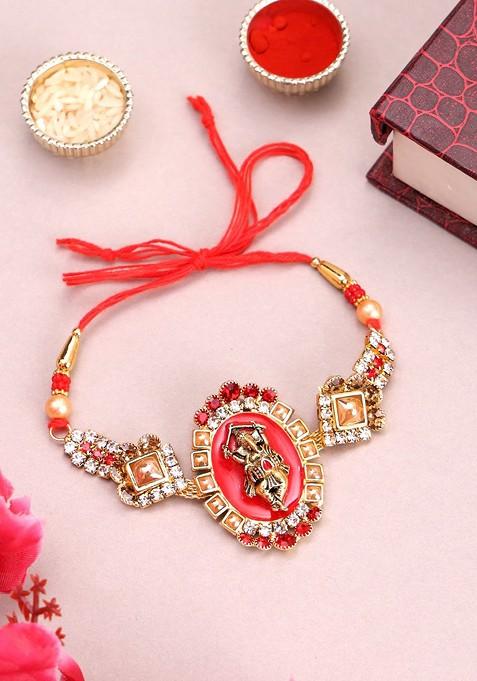 Gold Plated Ganesh Shaped Beads And Stone Studded Rakhi With Roli Chawal