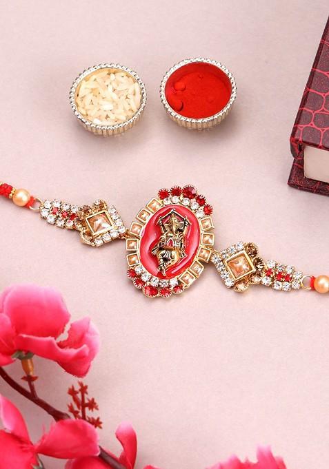 Gold Plated Ganesh Shaped Beads And Stone Studded Rakhi With Roli Chawal