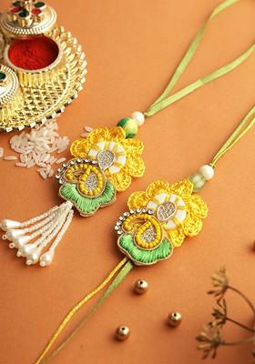 Set Of 2 Floral Bhaiya Bhabhi Rakhi With Roli Chawal And Greeting Card