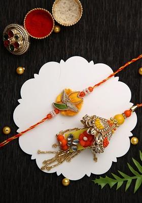 Set Of 2 Beaded And Stone Studded Thread Rakhis With Roli Chawal