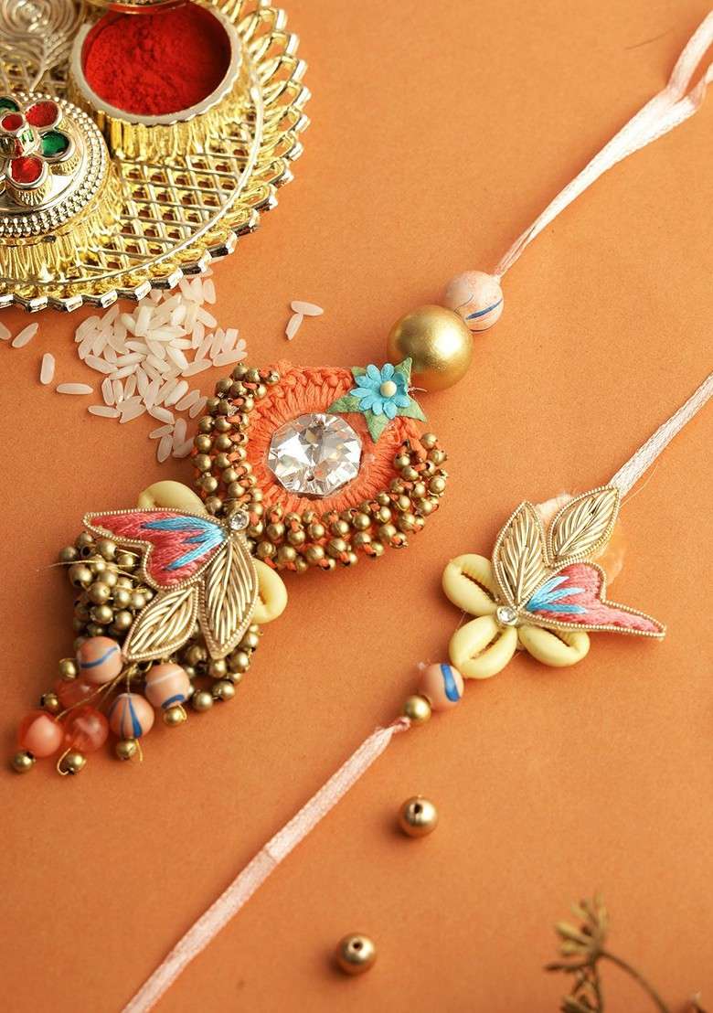 Set Of 2 Floral Beads Bhaiya Bhabhi Rakhi With Roli Chawal And Greeting Card - Indya