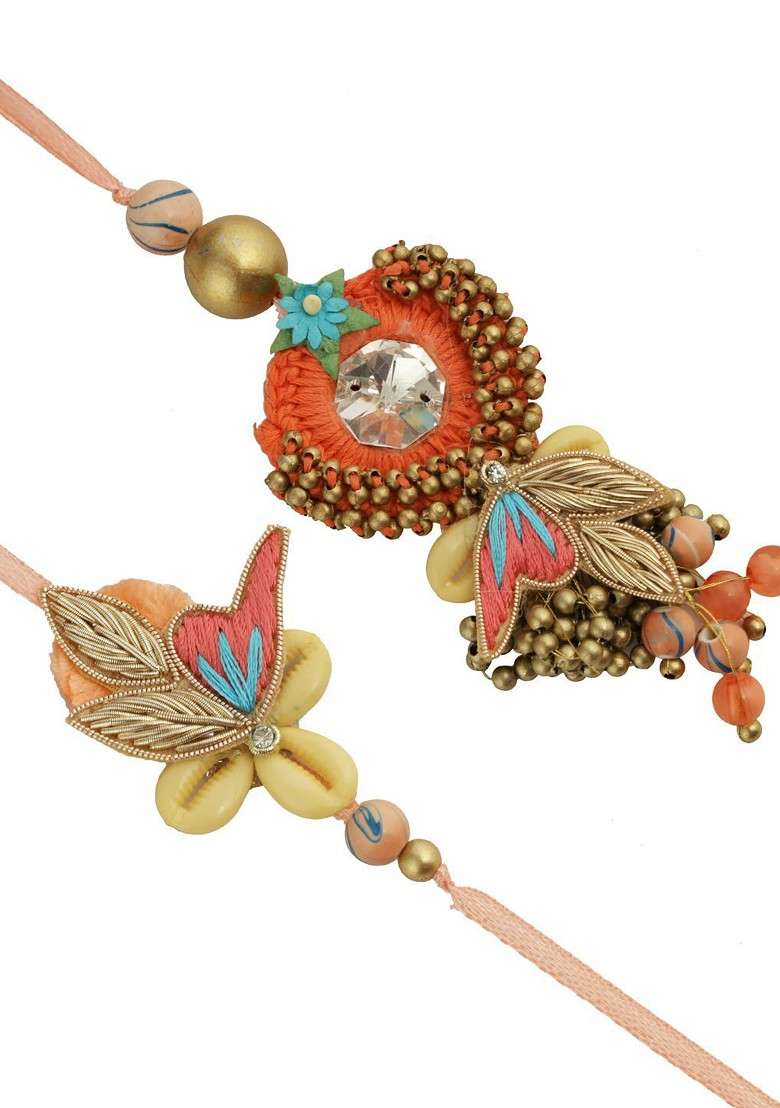 Set Of 2 Floral Beads Bhaiya Bhabhi Rakhi With Roli Chawal And Greeting Card - Indya