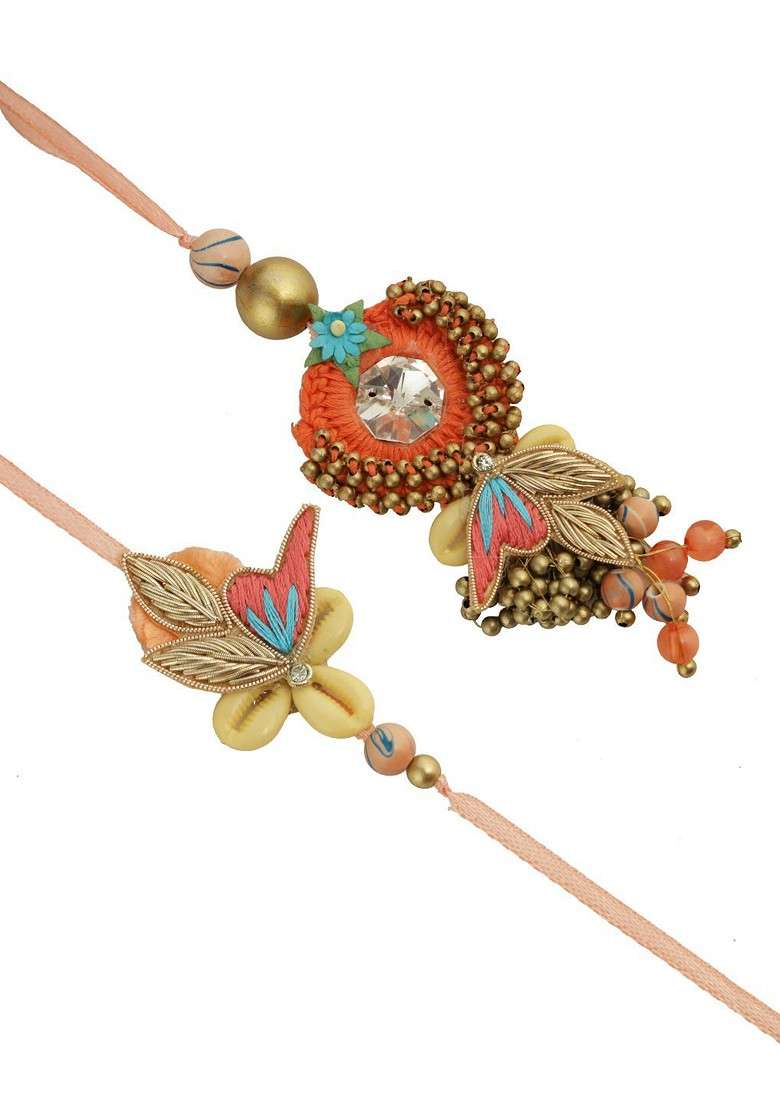 Set Of 2 Floral Beads Bhaiya Bhabhi Rakhi With Roli Chawal And Greeting Card - Indya