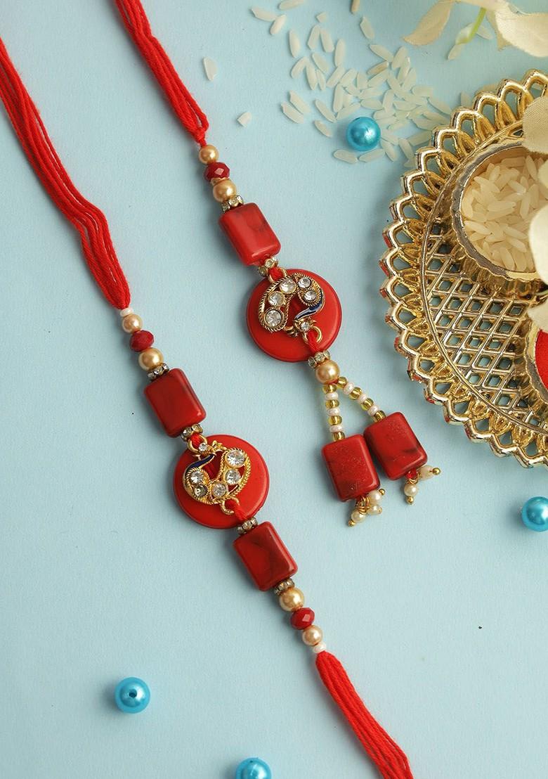 Peacock Stone Work Bhaiya Bhabhi Rakhi With Roli Chawal And Greetings Card