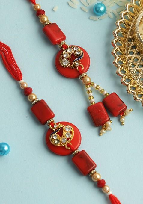 Peacock Stone Work Bhaiya Bhabhi Rakhi With Roli Chawal And Greetings Card