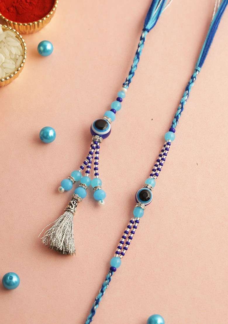 Set Of 2 Evil Eye Bhaiya Bhabhi Rakhi With Roli Chawal And Greeting Card - Indya