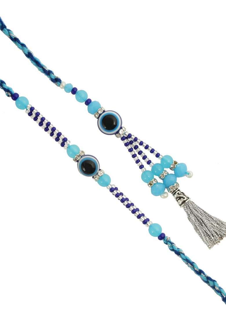Set Of 2 Evil Eye Bhaiya Bhabhi Rakhi With Roli Chawal And Greeting Card - Indya