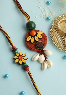 Set Of 2 Floral Bhaiya Bhabhi Rakhi With Roli Chawal And Greeting Card