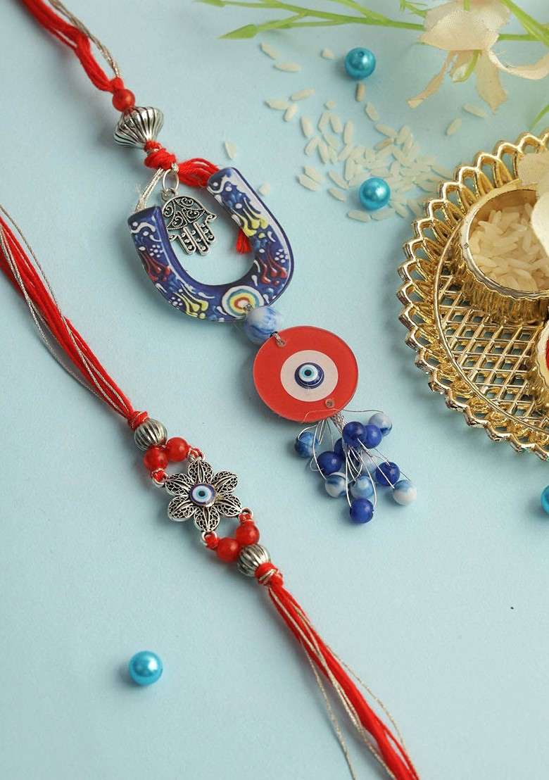 Floral Evil Eye Bhaiya Bhabhi Rakhi With Roli Chawal And Greetings Card - Indya