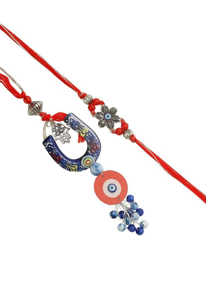 Floral Evil Eye Bhaiya Bhabhi Rakhi With Roli Chawal And Greetings Card - Indya
